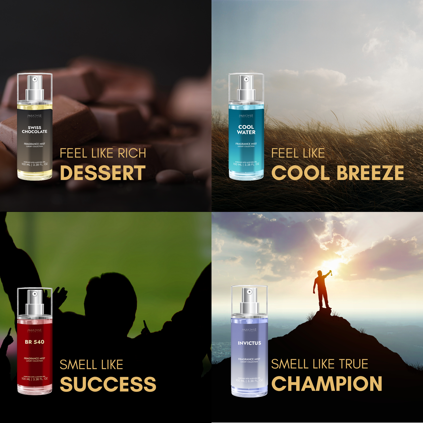 Body Mist For Party - Pack Of 4 | Invictus | Cool Water | BR 540 | Swiss Chocolate